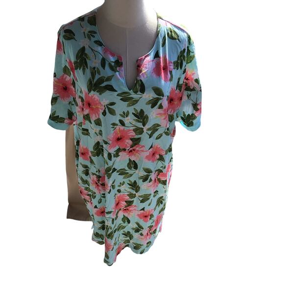 Stan Herman Other - Stan Herman Plus Size Aqua, Floral Print, Short Sleeve, Sleep Shirt- 1X